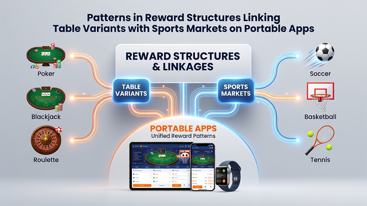 Diagram showing data flows between table variants, sports markets, and reward systems on mobile platforms